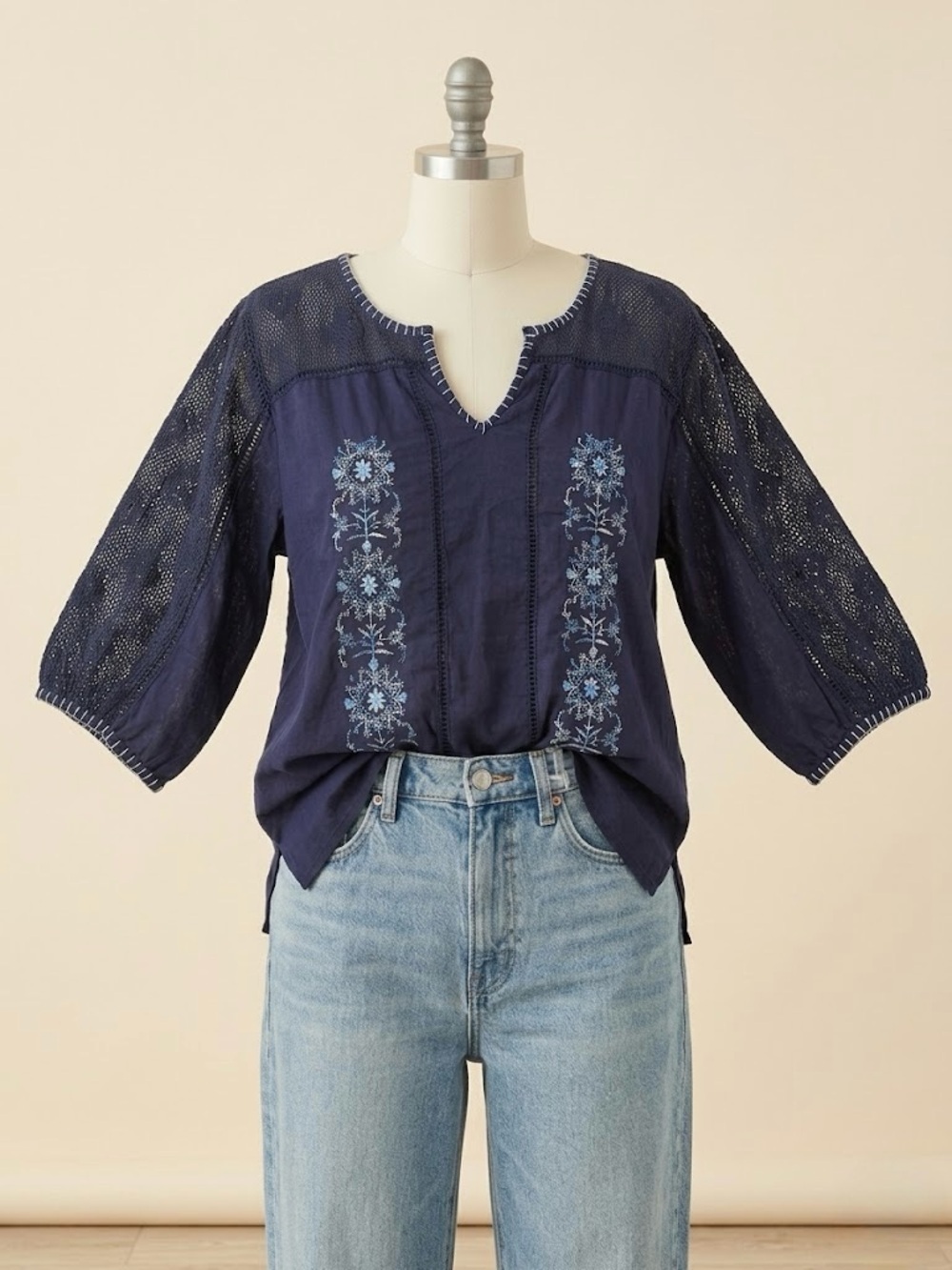 Boho Embroidered Navy Blouse Crochet Sleeve Top Cotton Artisan Festival Coastal